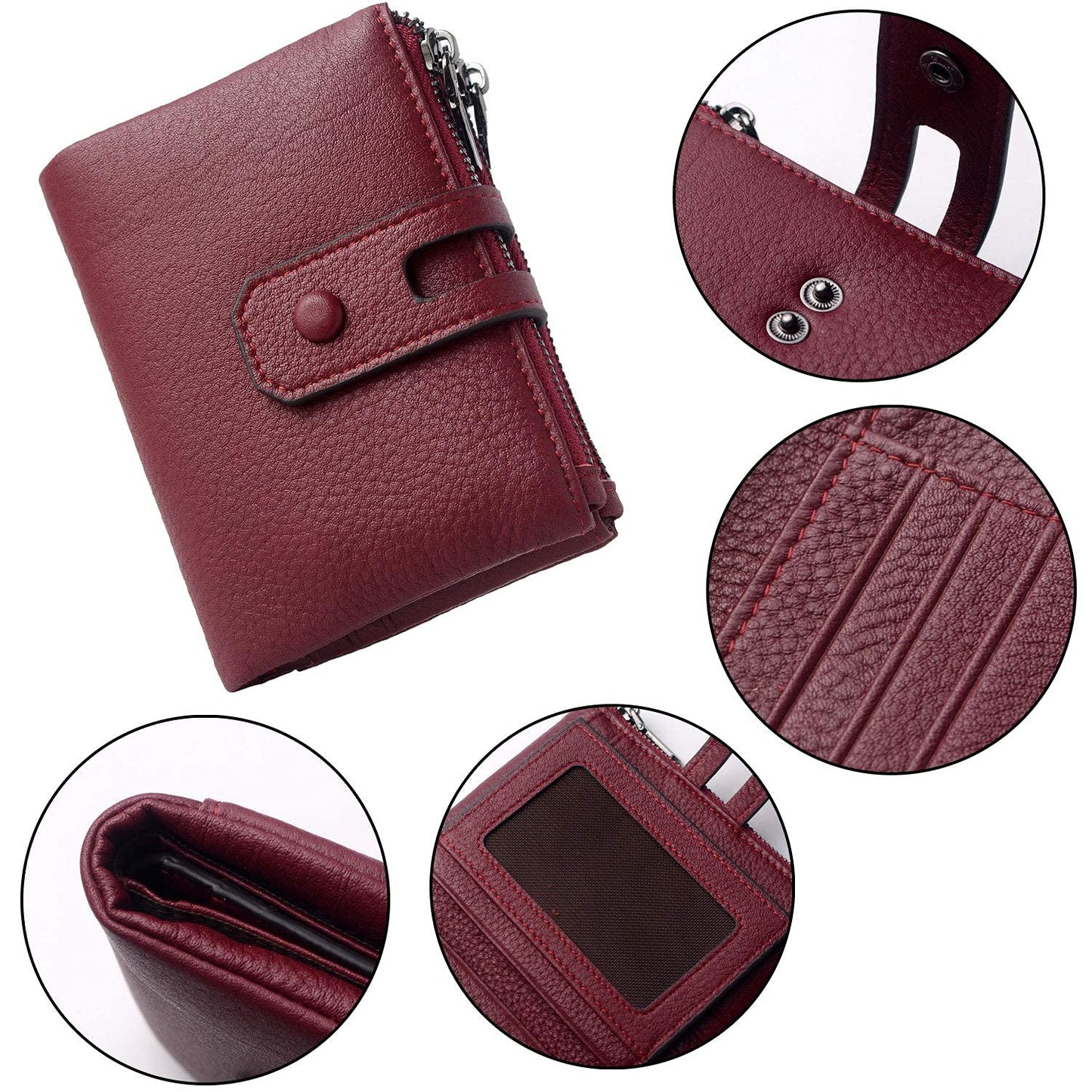 Bveyzi Small Soft Leather Wallet for Women RFID Blocking Ladies Card Holder with Double Zipper Pocket (Wine Red)