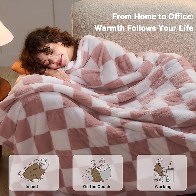 Light Pink Heated Blanket Electric Twin Size, 62X84 Heating Blanket with 10 Heat Levels & 8 Hours Auto Off, Checkered Plaid Soft Fleece Sherpa Blankets Warmer Gifts for Couch Grandma Women Adults