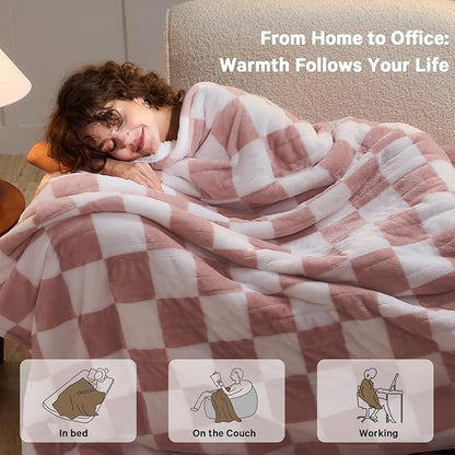 Light Pink Heated Blanket Electric Twin Size, 62X84 Heating Blanket with 10 Heat Levels & 8 Hours Auto Off, Checkered Plaid Soft Fleece Sherpa Blankets Warmer Gifts for Couch Grandma Women Adults