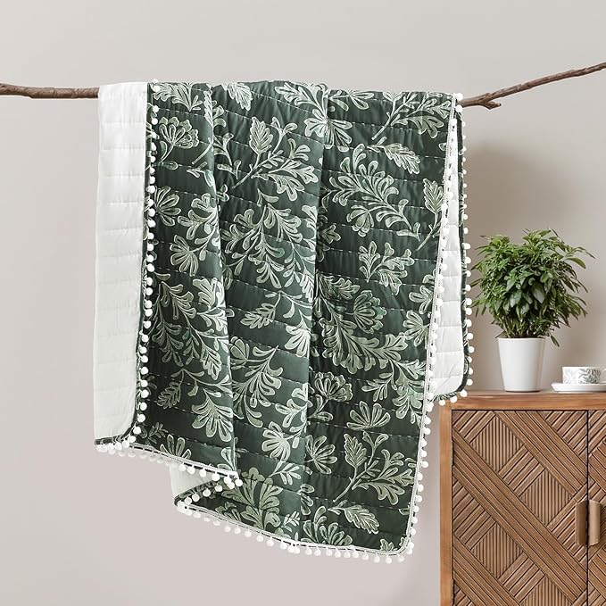 Ultra Soft Pre-Washed Quilted Throw Blanket, Floral Printed Pompom Fringed Dark Green Decorative Throws, Chic Rustic Blanket for Sofa Couch Bed Chair, 90"x 90"