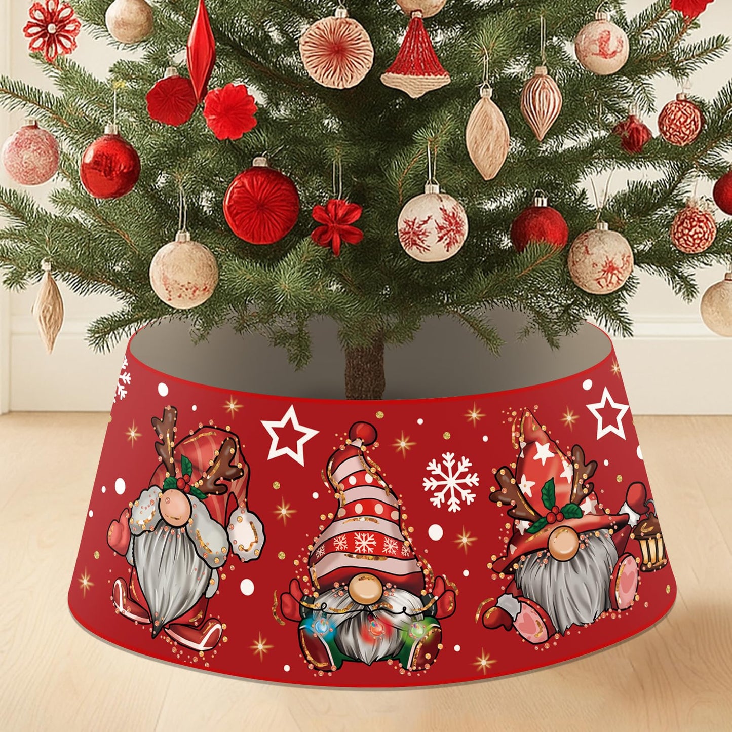 Christmas Gnome Tree Collar with LED Light Red Tree Skirt Ring Base Cover for Christmas Trees Decoration Holiday Indoor Outdoor