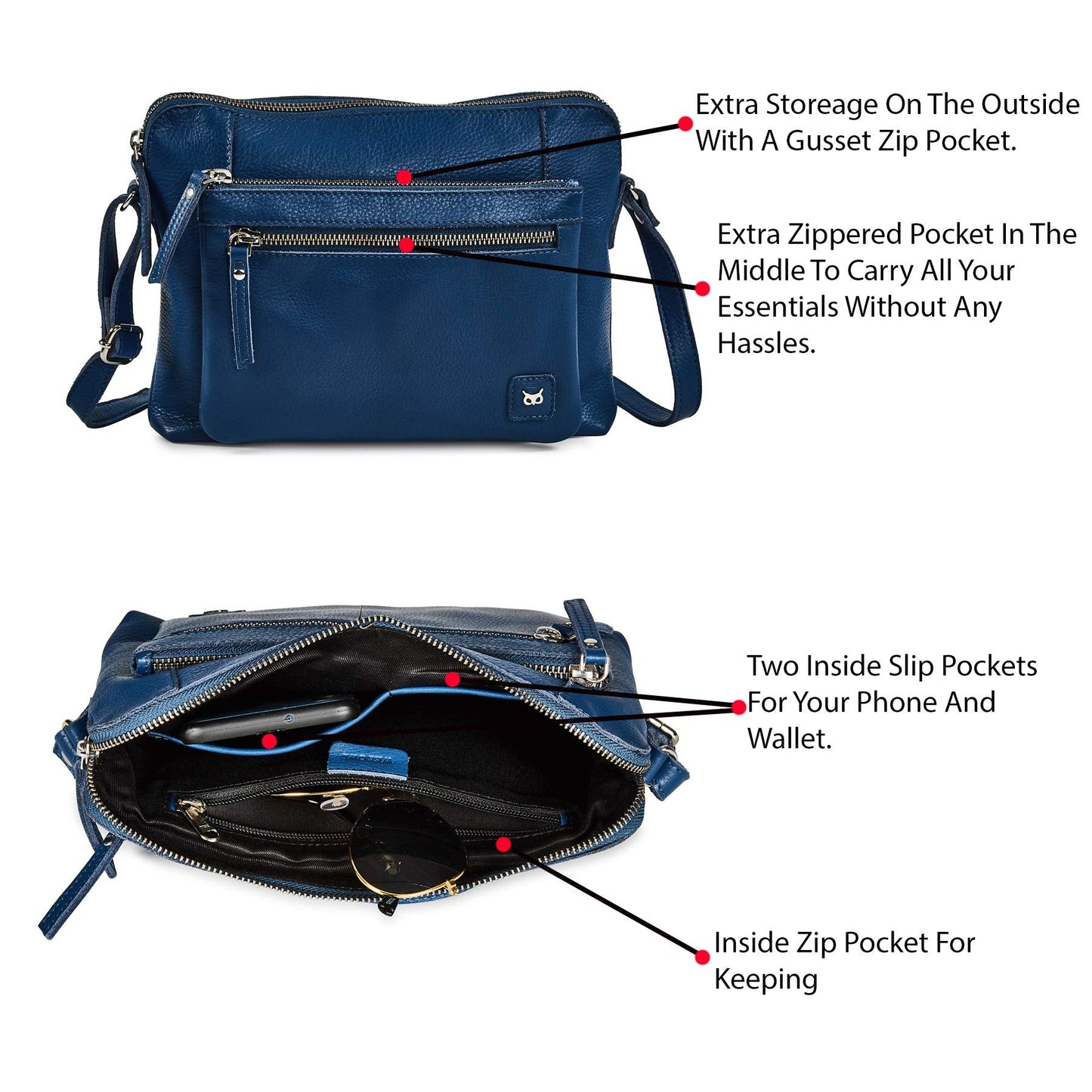Leather Crossbody Bags for Women Small Soft Genuine Pebbled Sling Shoulder Handbag Crossover Purse with Full Adjustable Strap (Sapphire Blue Nappa)