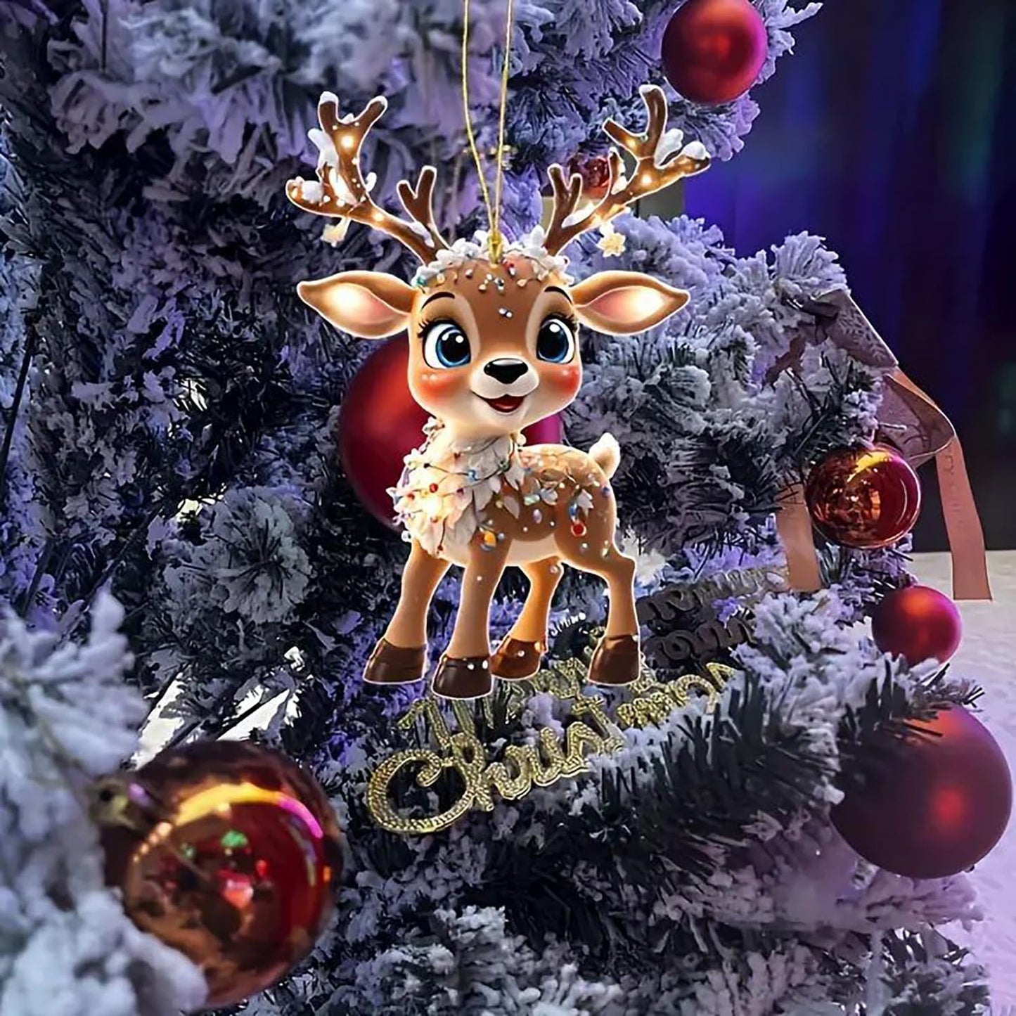 Christmas Tree Ornament Decoration,9Pcs Christmas Tree Acrylic Pendant, Cute Reindeer Xmas Tree Accessories Christmas Pendants Hanging, Fun Reindeer Christmas Ornament