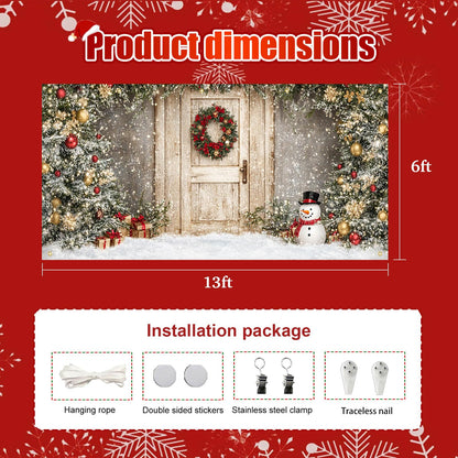 HOMETITUTE Christmas Garage Entryway Banner 13x6ft Gray Wall with Wooden Entryway Decoration Featuring Xmas Trees Snowman Gift BoxesSnowflakes and Lights for Outdoor Holiday Backdrop