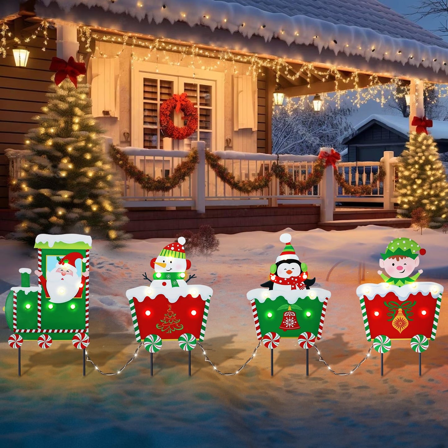 WONDER GARDEN Christmas Metal Yard Stakes, Lighted 4 Pack Christmas Garden Stakes Yard Signs, Outdoor Decorations Train with Santa, Snowman, Penguin, Boy for Lawn Party Outside