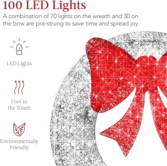 Best Choice Products 30in Pre-Lit Outdoor Christmas Wreath Decoration, LED Metal Holiday Decor for Home w/ 100 Lights, Bow - Silver/Red