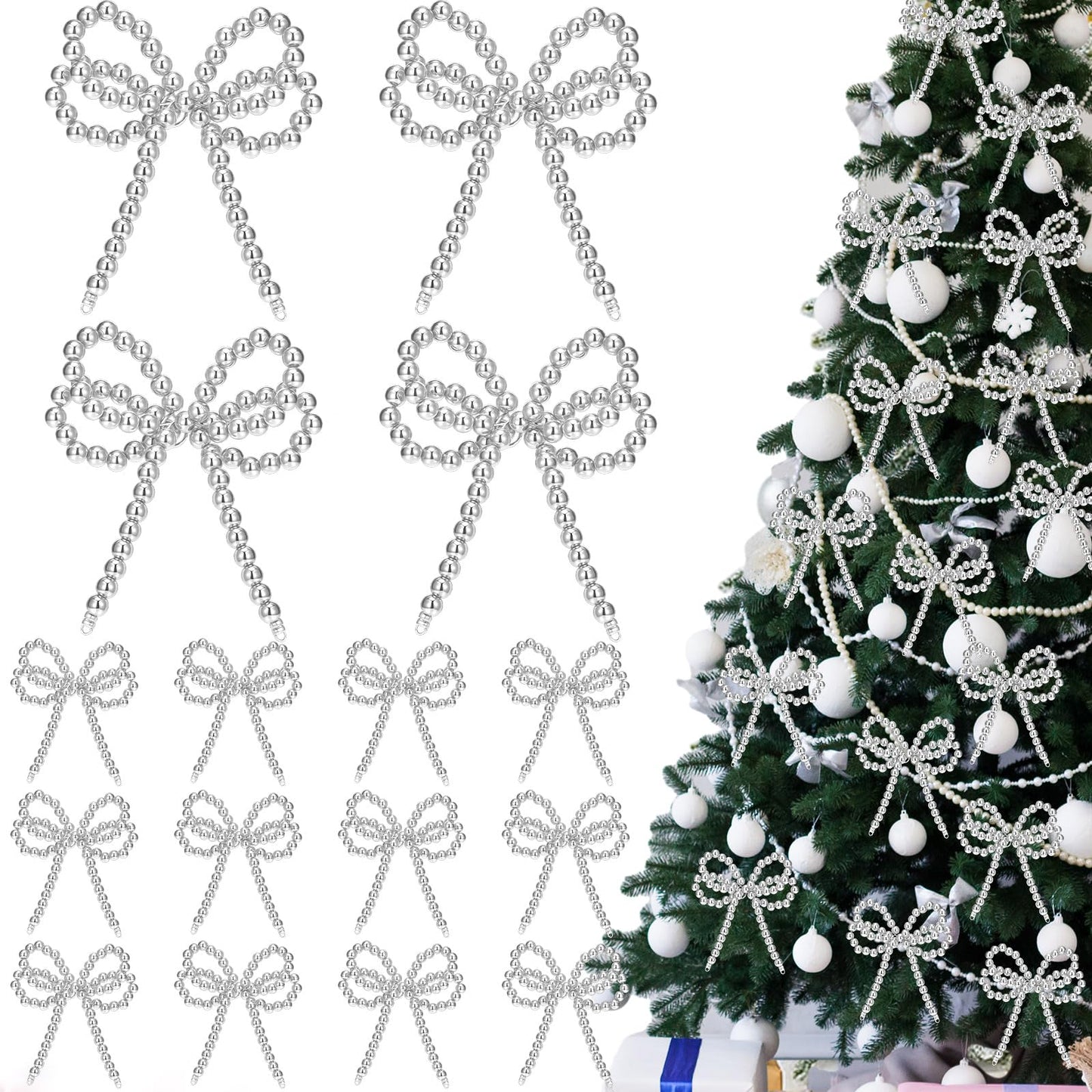 Arrowbash 12 Pcs Pearl Bow Christmas Tree Ornaments Silver Christmas Metallic Pearl Bead Bow Hanging Ornaments 3.15 x 3.54 Inches Pendant for Garland Wreath Gift Wrapping DIY Craft Holiday Decoration