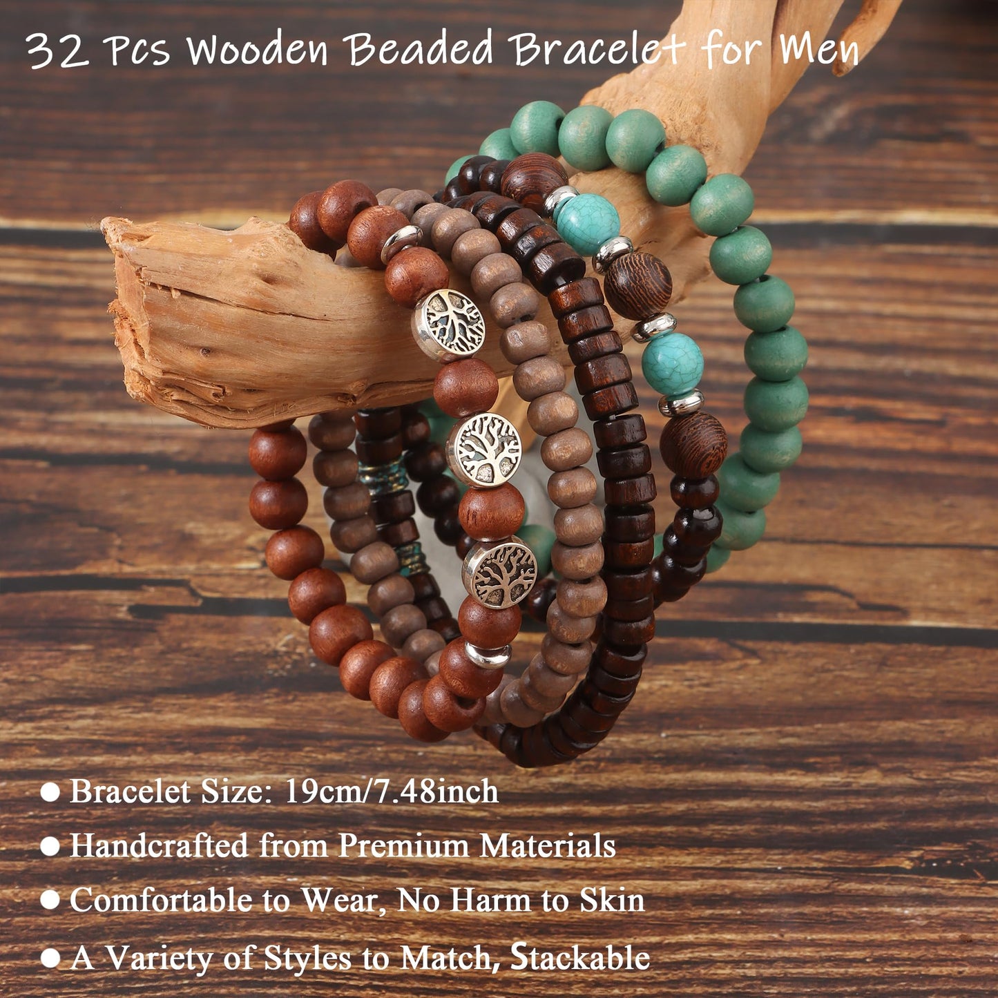 FIRAZIO 32 Pcs Wooden Beaded Bracelets for Men Adjustable Pulseras Para Hombres Set, Mens Bracelet Meaningful Gift