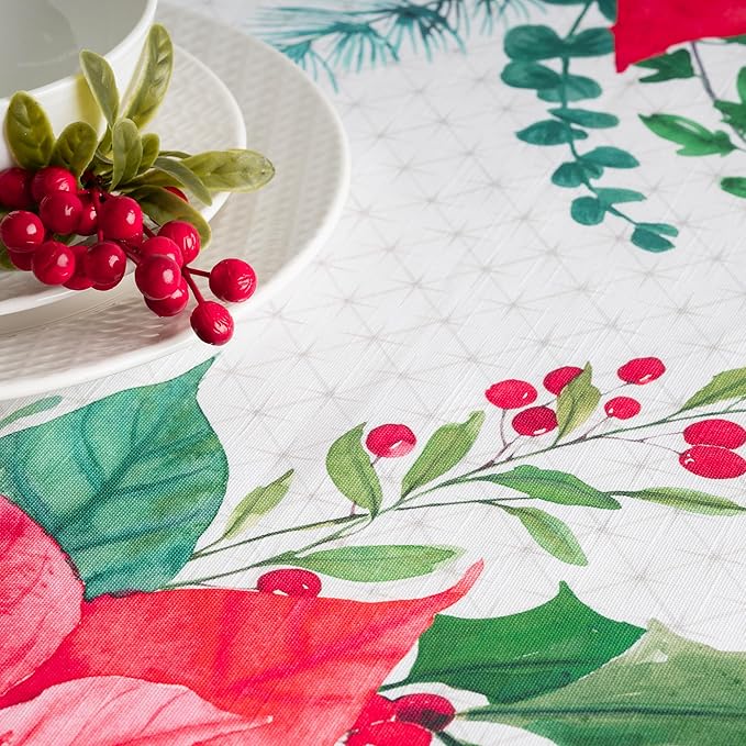 Maison d' Hermine Table Cloth Rectangle Table 100% Cotton 70 x 120 Inches Fall Tablecloth Reusable Everyday Use for Thanksgiving Christmas Decorations Dining Farmhouse Party (Poinsettia Christmas)
