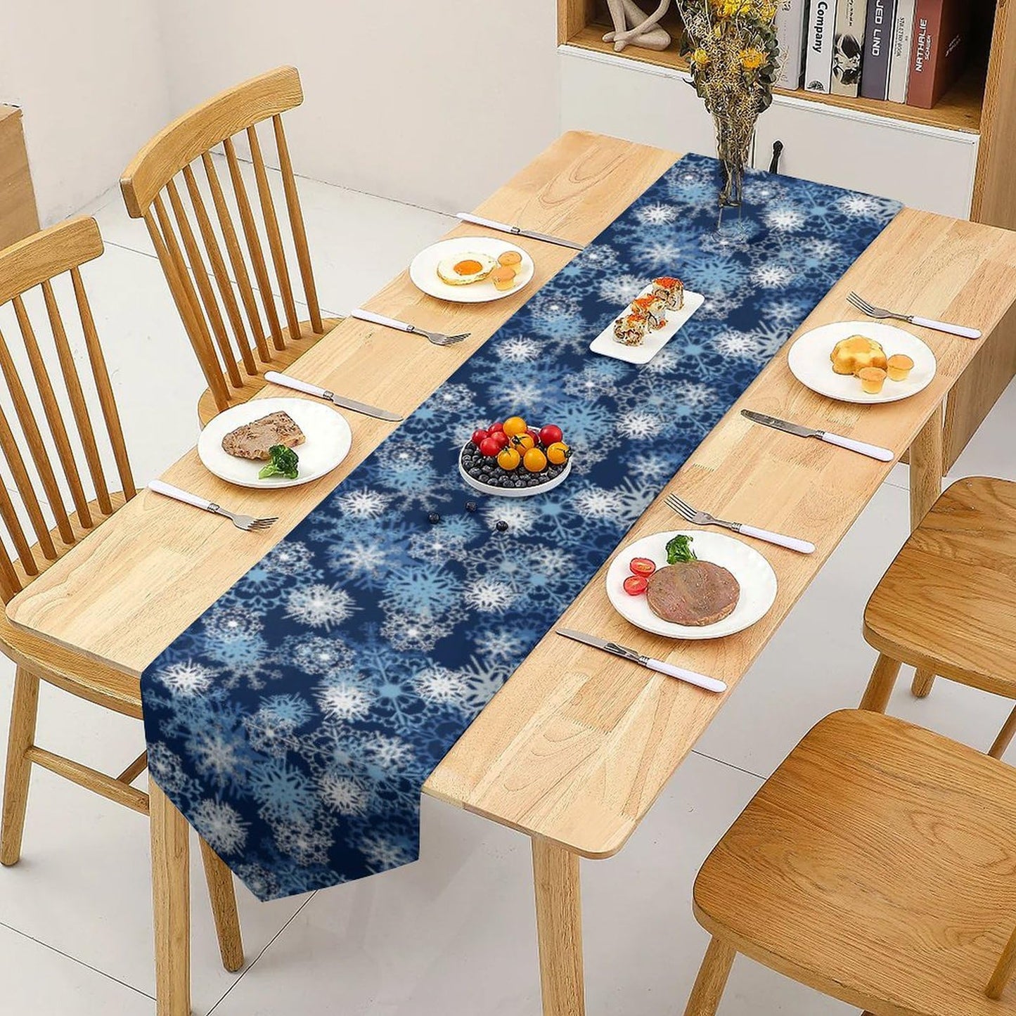 Snowflake Table Runner Winter,Blue Christmas Table Runners Supplies Centerpiece Table Decorations for Dining Coffee Birthday,13x70inch