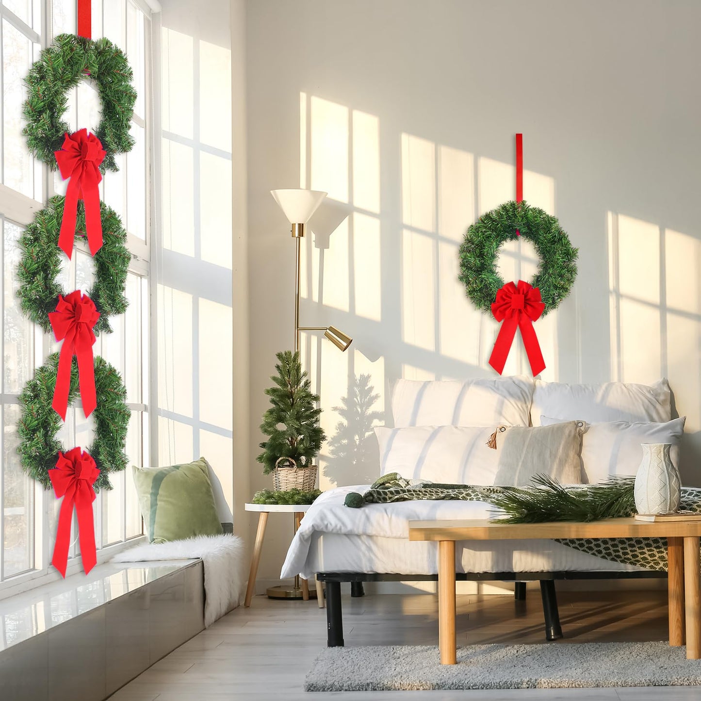 Janinka 6 Pcs Christmas Wreath for Windows 11.8 Inch Christmas Window Decorations Cabinet Wreaths with Red Bow Greenery Artificial Hanging Garlands for Fireplaces Window Home (Pine)