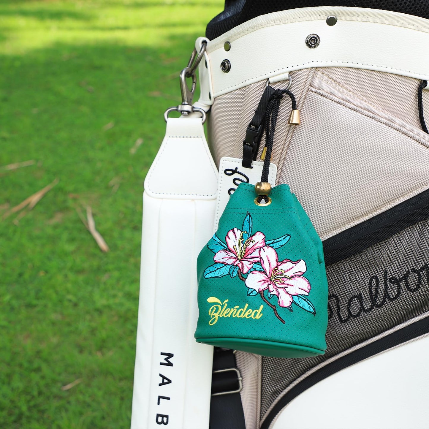 BAIRBRE Golf Valuables Pouch,Bucket Waist Design Golf Pouch Bag Azalea Embroidery Tee Bag with Drawstrings Leather for Men Women