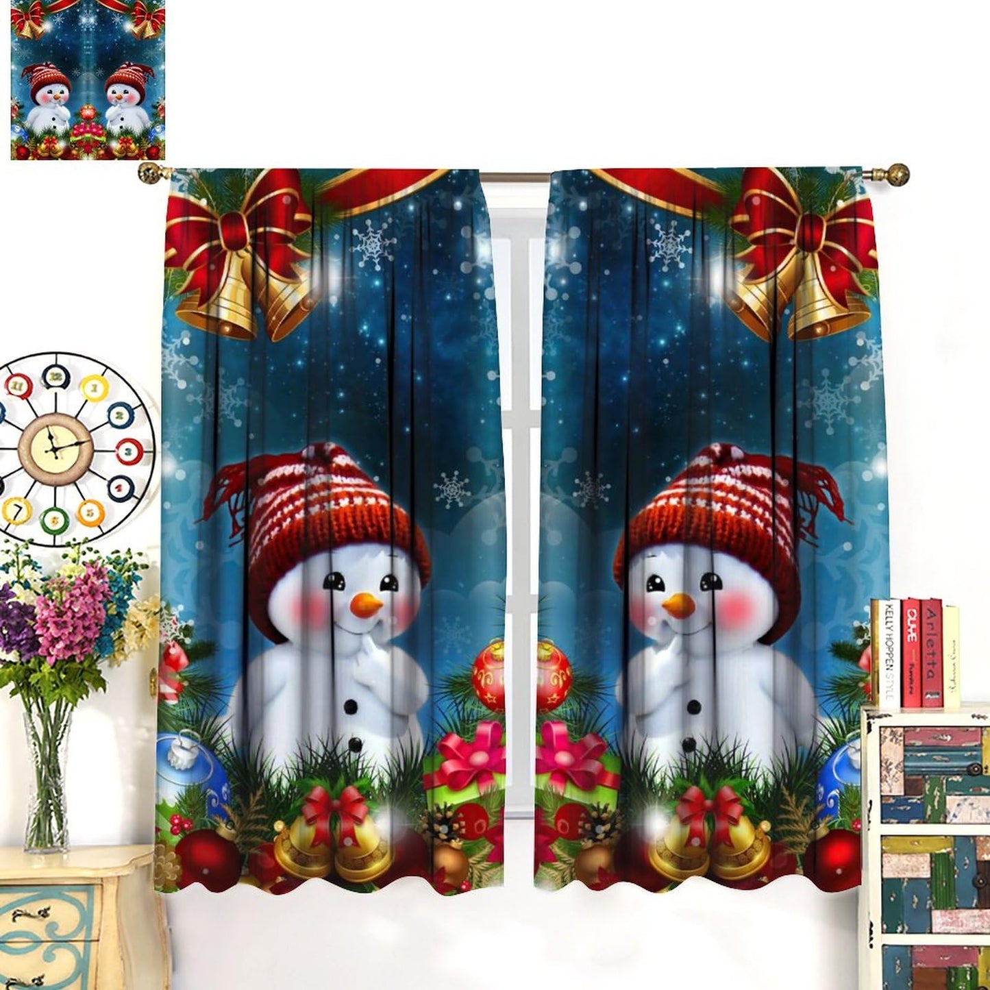 ICMOLYYENLO Christmas Curtains Red Balloon Bells Winter Kitchen Bedroom Living Room New Year Decoration Curtains 42x45 Inch 2 Set
