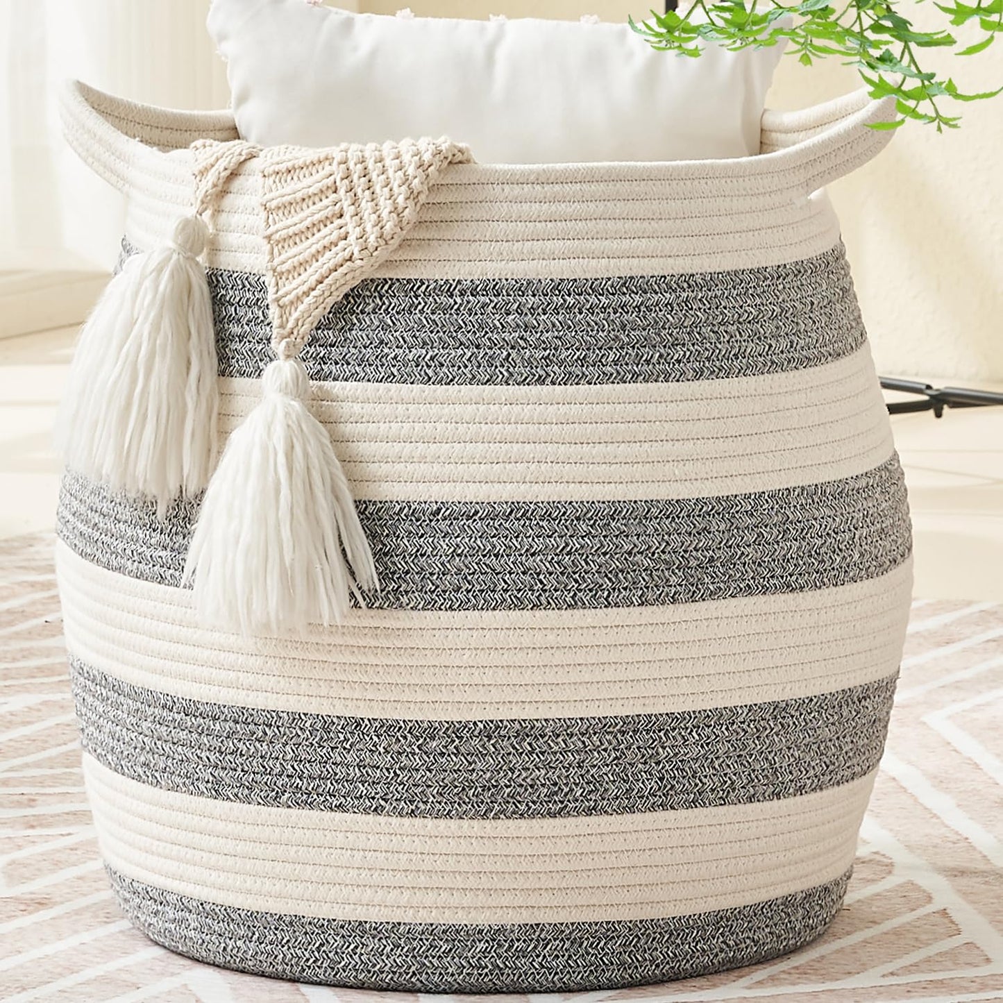 KAKAMAY Woven Baskets for Storage(17"x17"),Large Cotton Rope Basket Woven Baby Laundry Hamper,Collapsible Laundry Basket, Blanket Basket for Organizing Living Room,Nursery,Pillows,Toy Chest(Grey)