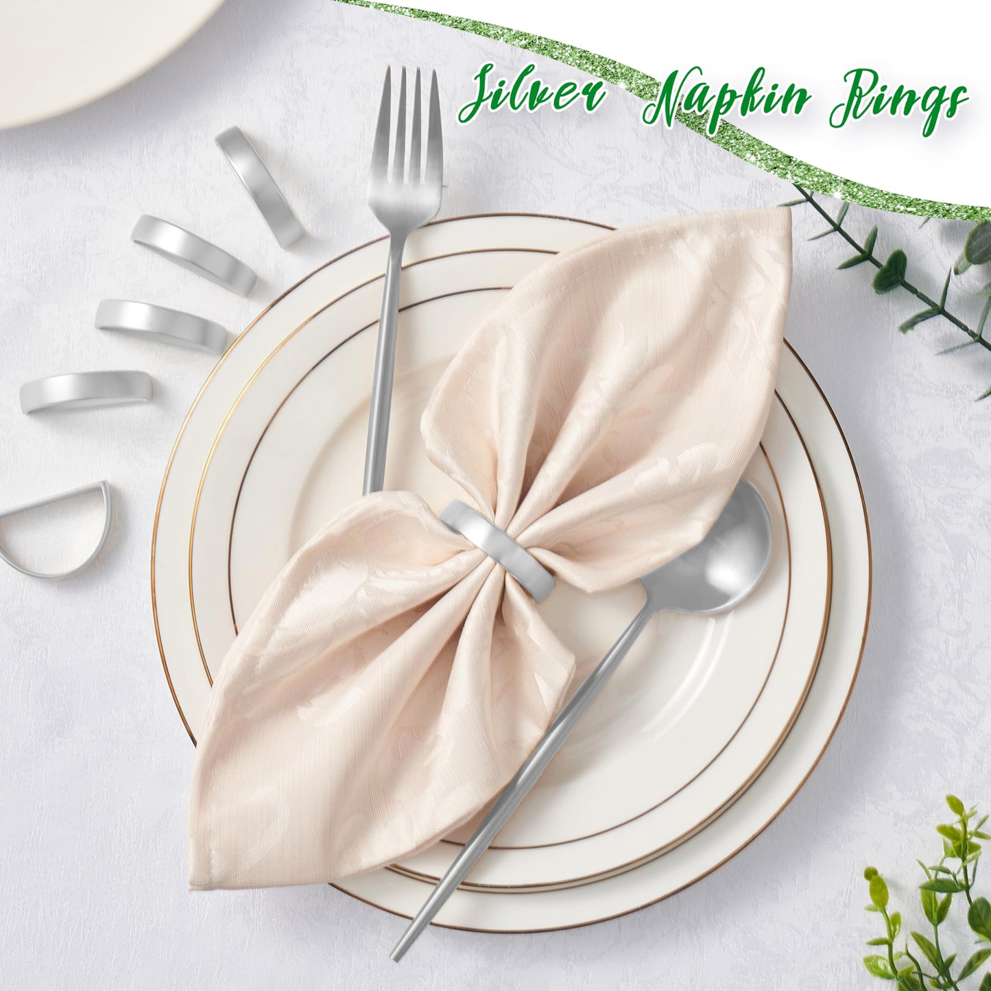 APTWOW Silver Napkin Rings Set of 12, Semicircle Metal Silver Napkin Holder Buckles, Fall Thanksgiving Christmas Napkin Rings for Dinner Table Decor, Wedding, Banquet, Party