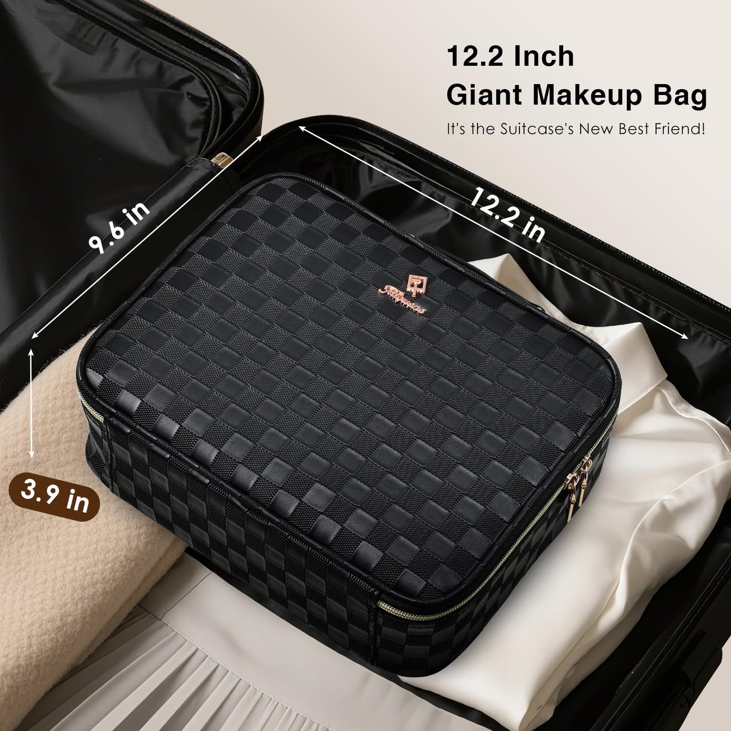 Faquenc Makeup Bag with LED Lighted Mirror 12.2 IN Travel Makeup Bag Adjustable Brightness in 3 Colors Cosmetic Organizer Artist Storage Bag with Dividers Brush Holder Bag Vanity Black Checkerboard