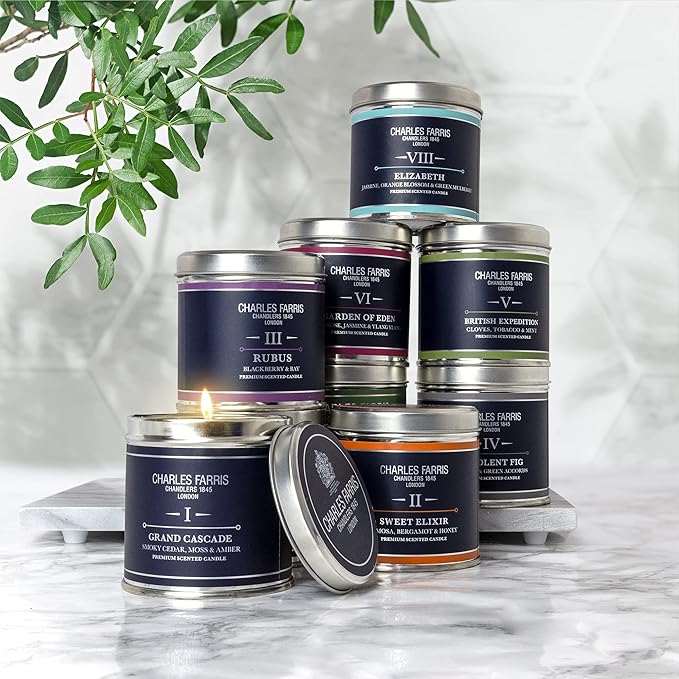 Charles Farris Luxury Scented Candle – Tin, Hand-Poured, Long Lasting, Clean Burning, 300g / 10.5oz, Burns for up to 40 Hours, Made in England – Wild Fig & Green Accords – Redolent Fig