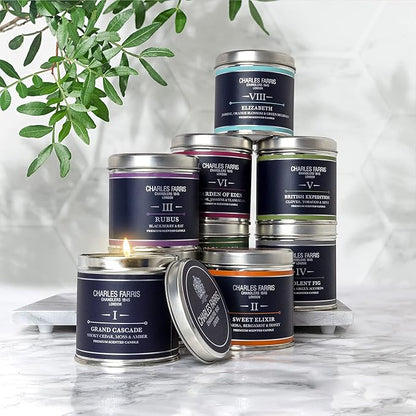 Charles Farris Luxury Scented Candle – Tin, Hand-Poured, Long Lasting, Clean Burning, 300g / 10.5oz, Burns for up to 40 Hours, Made in England – Wild Fig & Green Accords – Redolent Fig