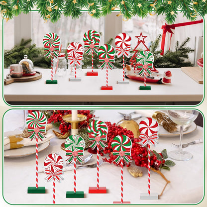 6 Pieces Christmas Candy Wooden Tabletop Decor Candy Cane Tall Standing Wood Block Xmas Cane Table Centerpiece Sign for Christmas Tiered Tray Home Desk Office Party Decoration(Wood,Red, Green, White)