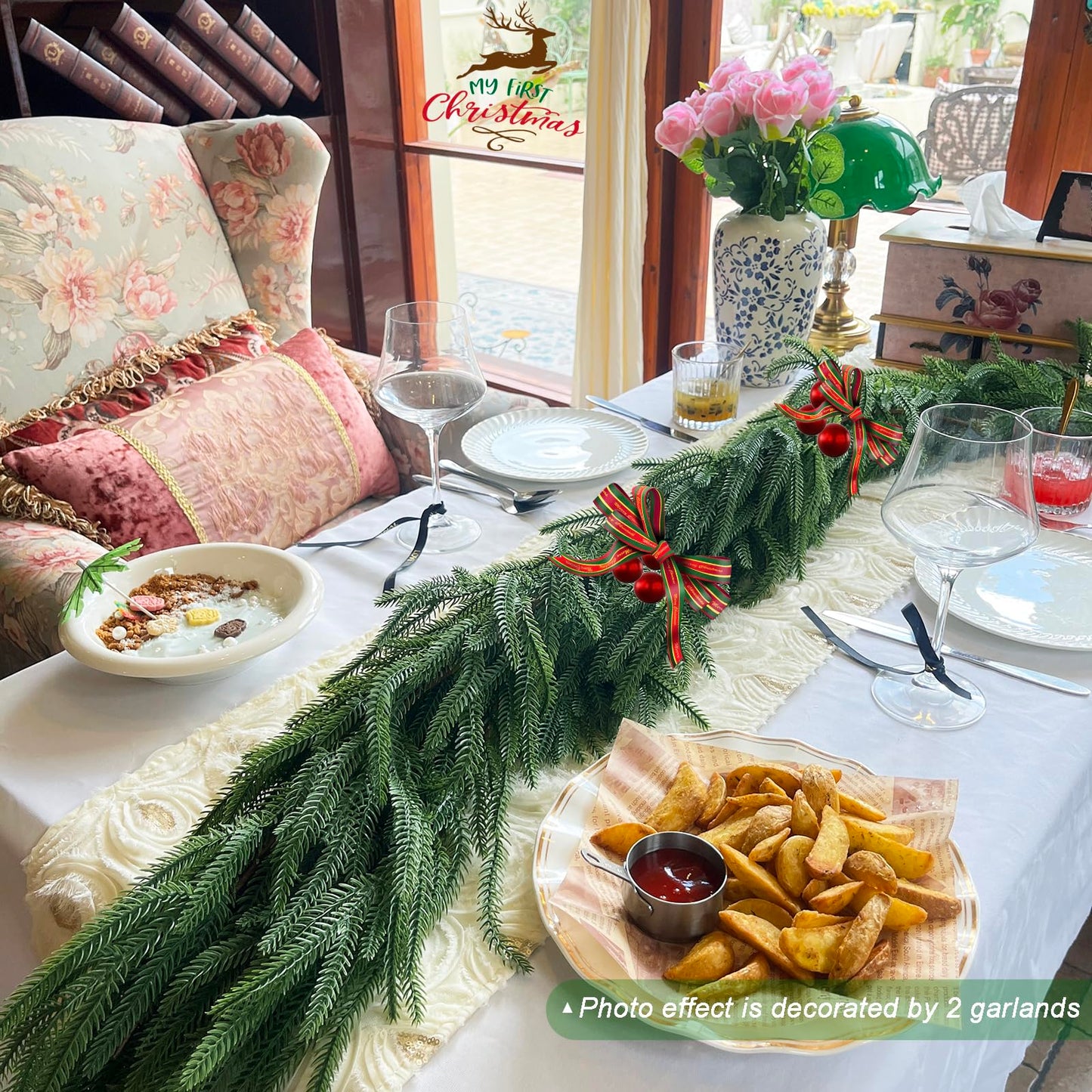 FUTBER 9FT Christmas Garlands Norfolk Pine - Real Touch Pine Garlands - Garlands Christmas Decorations for Home Dining Table Mantel Porch Winter Christmas Decor