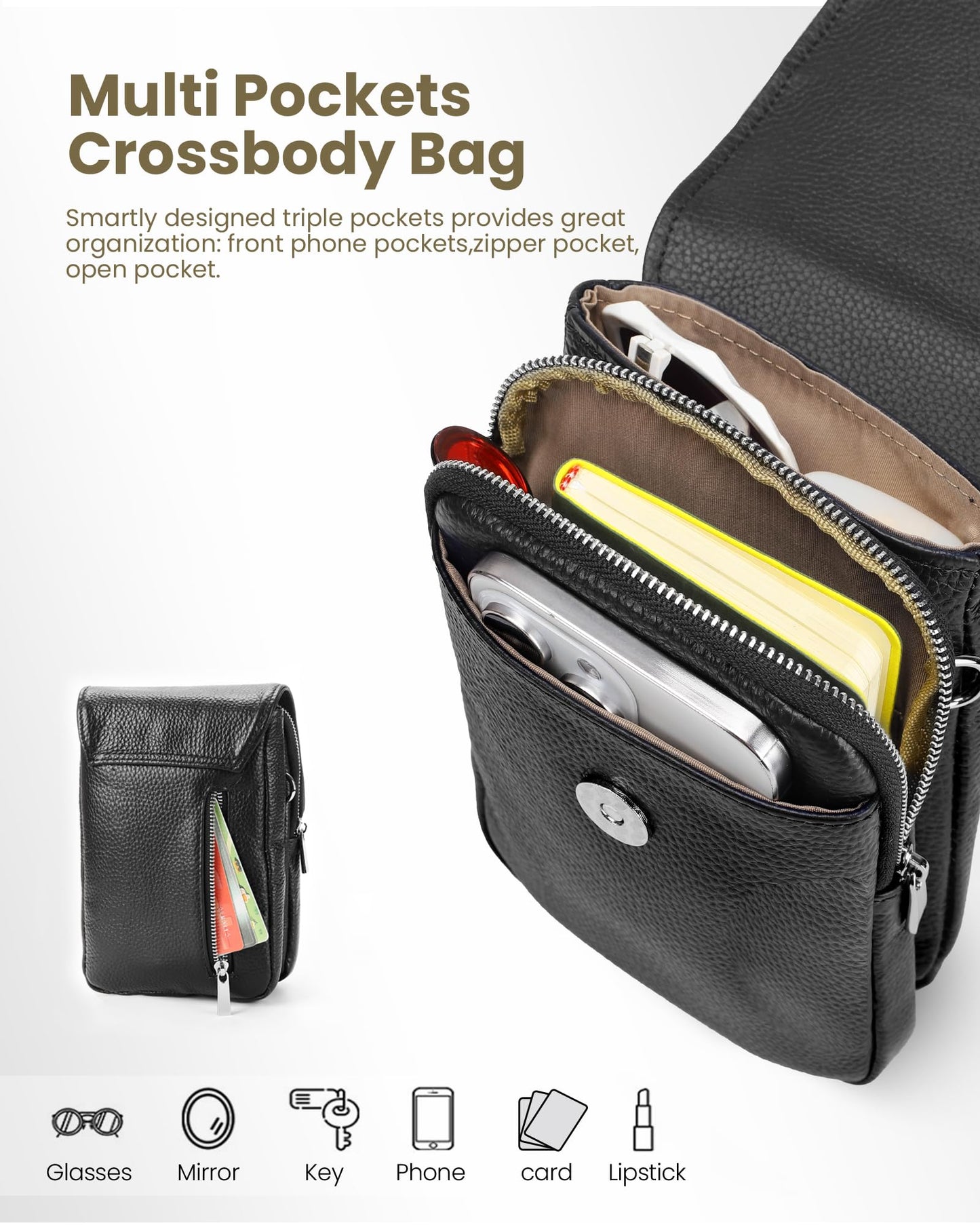 befen Genuine Leather Black Small Crossbody Bags for Women, Woman Cell Phone Cross body Purse Bag with RFID Blocking Card Slots