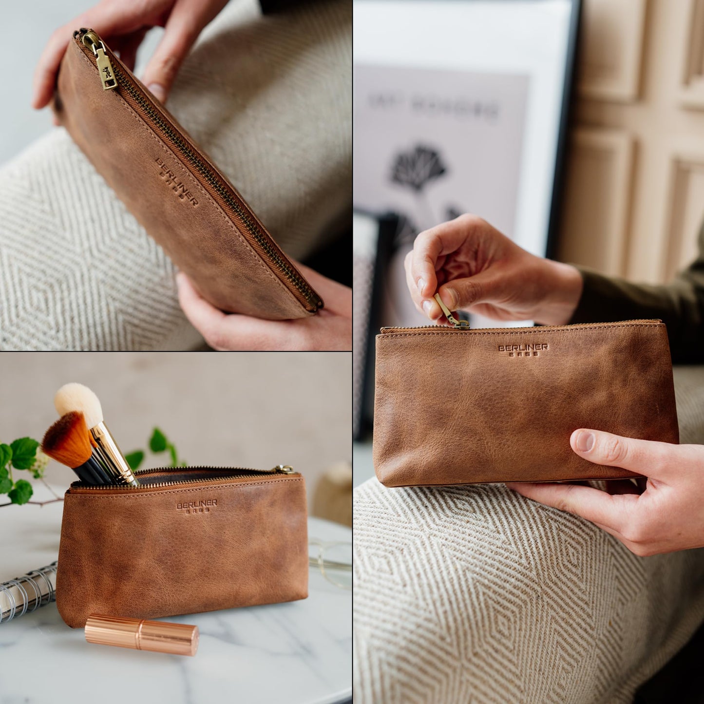 BERLINER BAGS Vintage Genuine Leather Makeup Bag Anna, Cosmetic Bag for Purse, Travel and Cosmetics Pouch with Zipper for Women- Brown