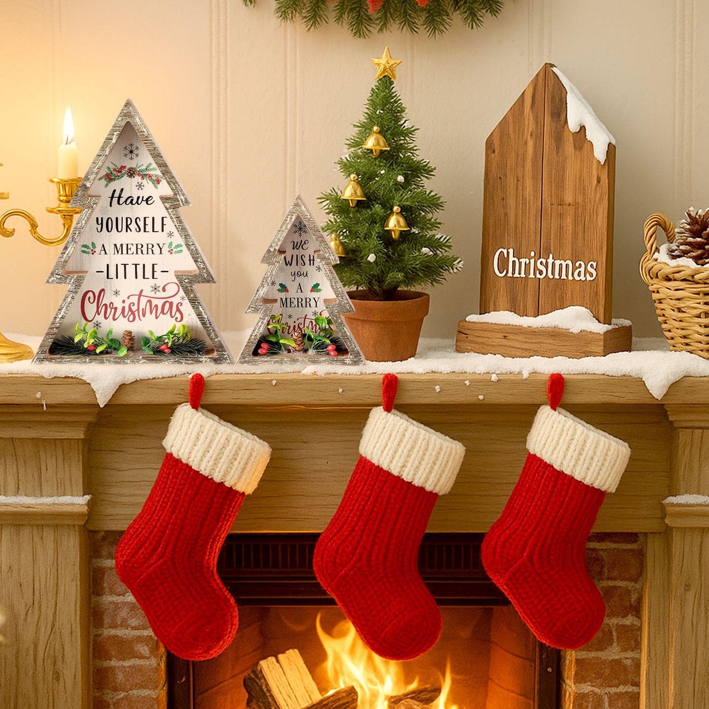 Pinkunn 2 Pcs Christmas Decorations for Home Farmhouse Christmas Tree Decor with Pinecones Rustic Wooden Xmas Centerpiece Natural Decorative Block Tabletop Sign for Xmas Party Holiday Table Home Decor