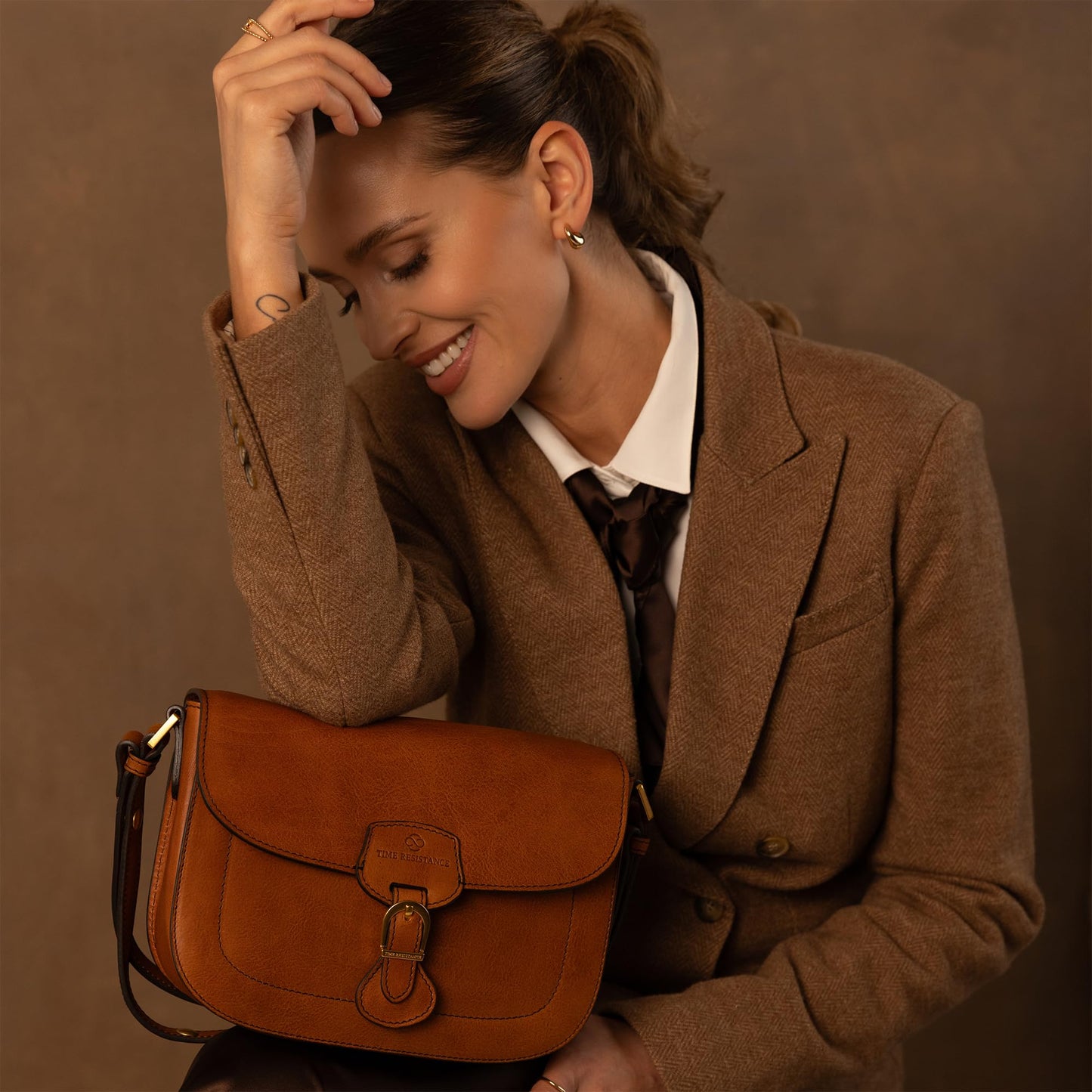 Time Resistance Leather Shoulder Bag – Saddle Bag with Magnetic Closure - Leather Handbag for Women (Cognac Brown)