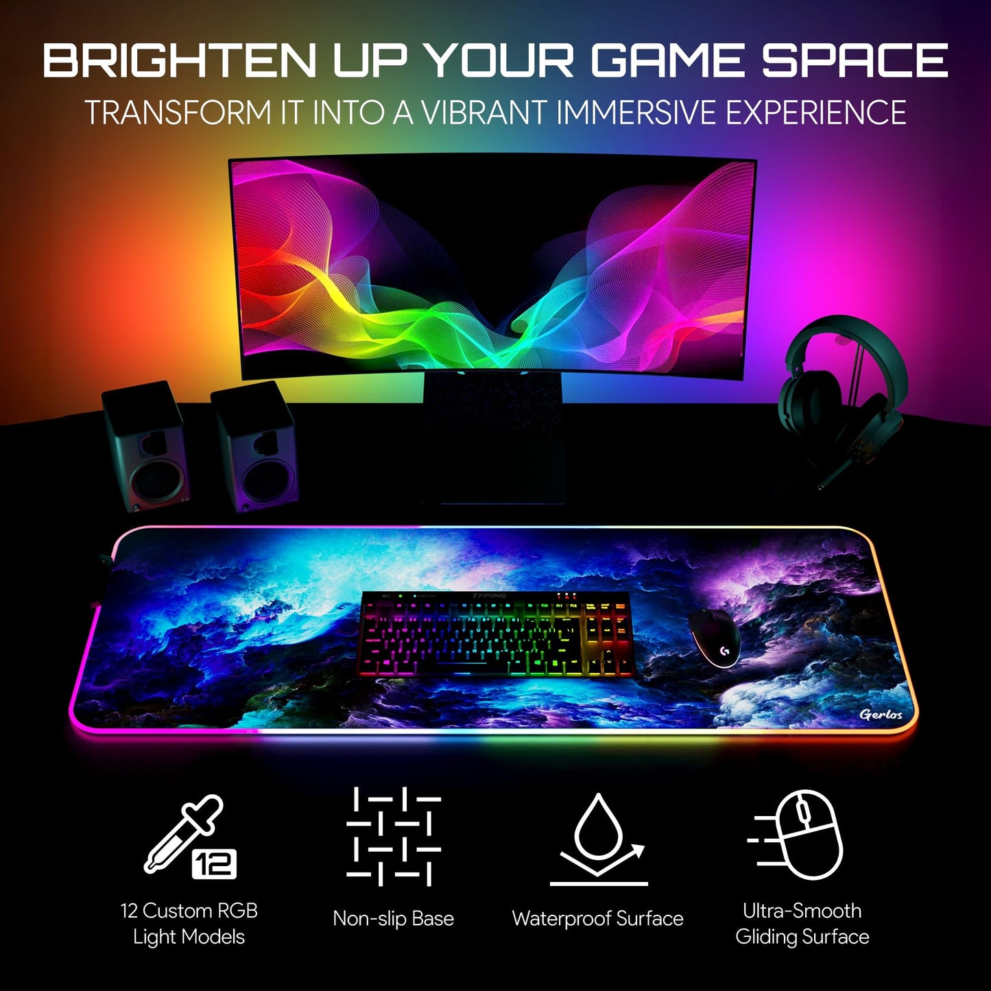 Gerlos RGB Gaming Mouse Pad, Large Extended LED Desk Mat with 12 Light Modes, Non-Slip Rubber Base, Water-Resistant, 31.5×11.8 Inch