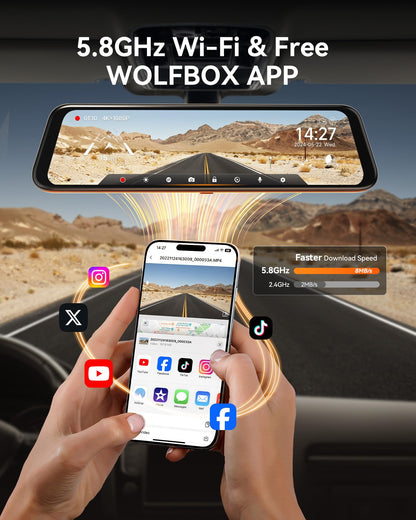 WOLFBOX G850 12" 4K Rear View Mirror Camera with 5.8GHz WiFi and Voice Control, Smart Mirror Dash Cam Front and Rear, Backup Camera with 1080P Rear Camera, Dash Cam with WDR, Includes 64GB Card & GPS