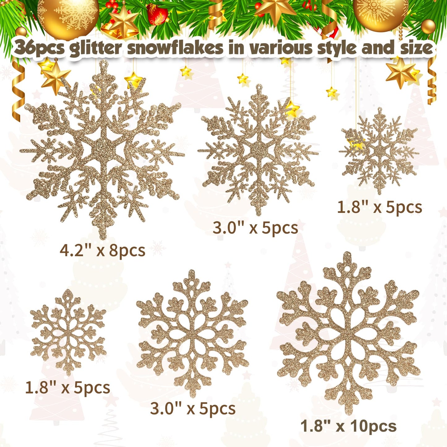 36 Pack Champagne Snowflake Ornaments Plastic Glitter Snow Flakes Ornaments for Winter Christmas Tree Decorations Size Varies Craft Snowflakes