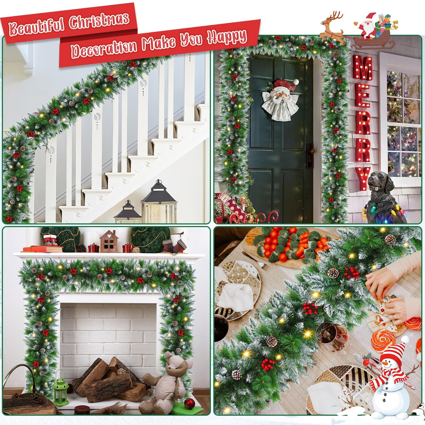 9FT Prelit Christmas Garland with Lights Decorations: Artificial Greenery Garland Battery Operated for Fireplace Mantle Stairs Windows Xmas Decorations, Indoor Outdoor Holiday Garland Decor