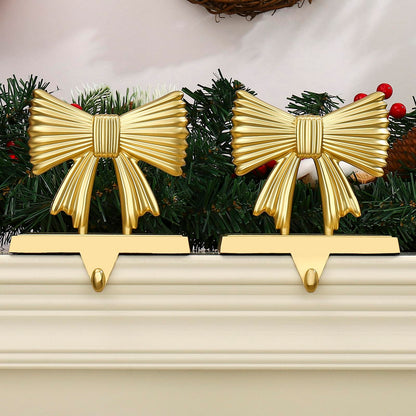 Kersiki Christmas Stocking Holders Set of 2 - Christmas Stocking Holders for Fireplace- Metal Stocking Hanger for Mantel-Stocking Hooks for Christmas Party and Home Decoration (Gold Bowknot)
