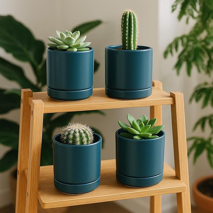 D'vine Dev Set of 2 Plants Pots, 4.7 Inch Ceramic Planter Pot for Plants with Drainage Hole and Saucer, Teal, 94-V-B-9