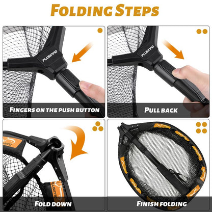 PLUSINNO Fishing Net Fish Floating Landing Net, Kayak Nets with Fixed Foldable Telescopic Pole Handle,Bass Trout Fishing Nets with Nylon Mesh for Pond Lake River,Fishing Gear Gifts for Men Orange 1.0M