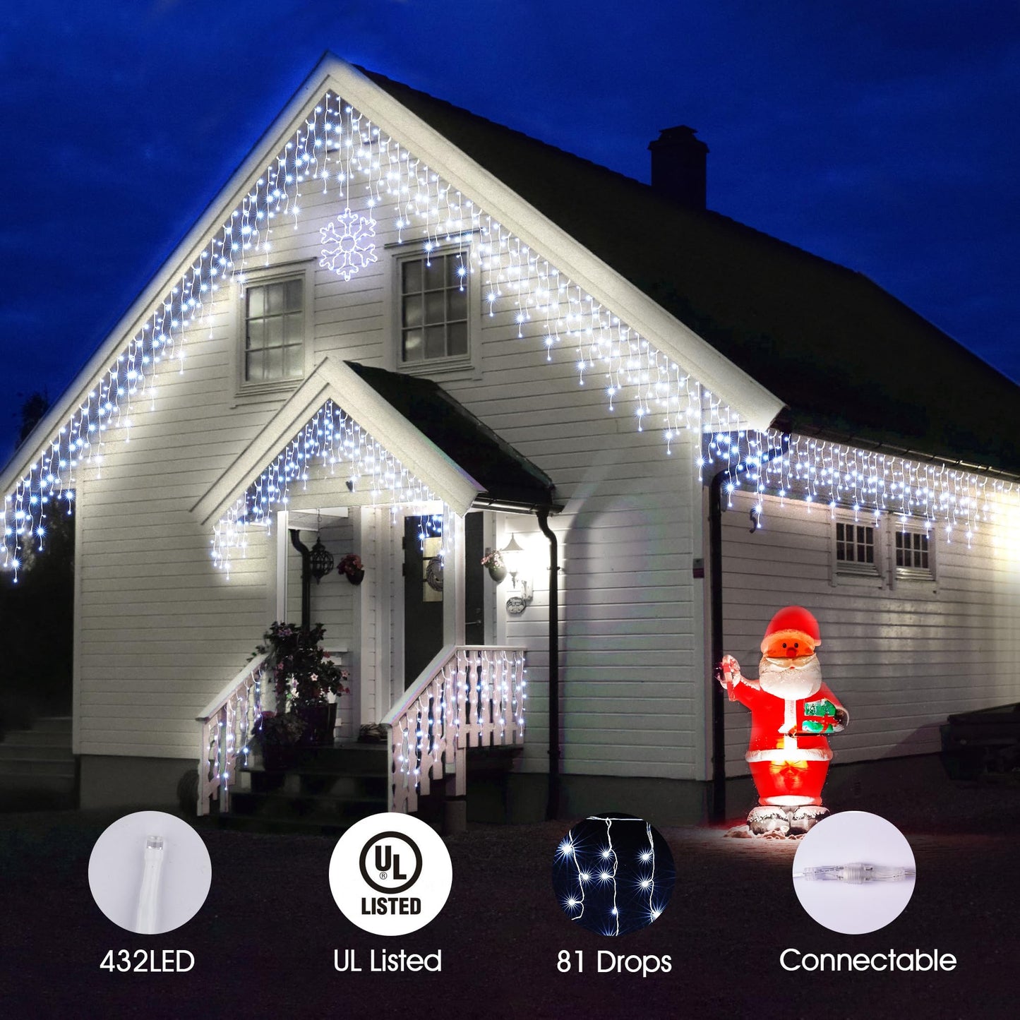 WBao Christmas Lights Outdoor, 432 LED 33FT Icicle Lights with 81 Drops, Remote Control, 3 Timer Settings, 8 Modes, Waterproof, Connectable Fairy Lights for Wedding, Holiday Eaves Decor, Cool White