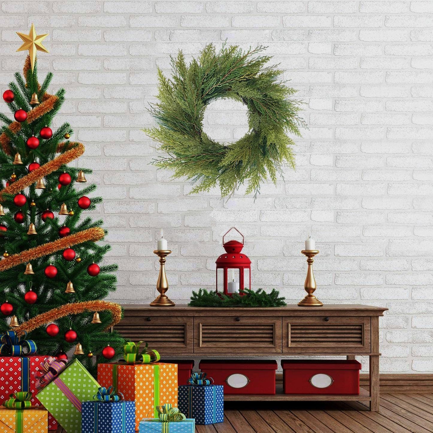 BINFEN 20” Green Faux Norfolk Pine Christmas Winter Wreath – Mixed with Real Touch Fake Cypress, Cedar & Spruce, Xmas Wreaths for Front Door Porch Mantel & Fireplace