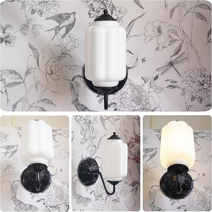 Antique Black Milk Glass Wall Sconce - Vintage Green Shade & Brass Finish Base - Indoor Wall Lighting Fixture for Living Room, Bedroom, Bathroom, Hallway, Entryway (White)