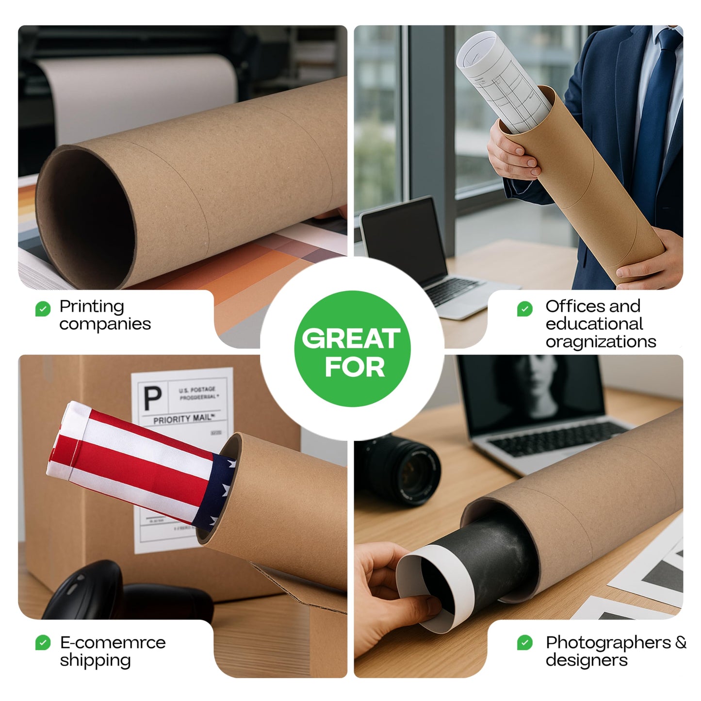 IDL Packaging Cardboard Mailing Tube, 4" x 48" with Plastic Caps - USA-Made USPS Approved Poster Tube for Documents & Blueprints - Reinforced Mailing Cylinders for Shipping & Storage