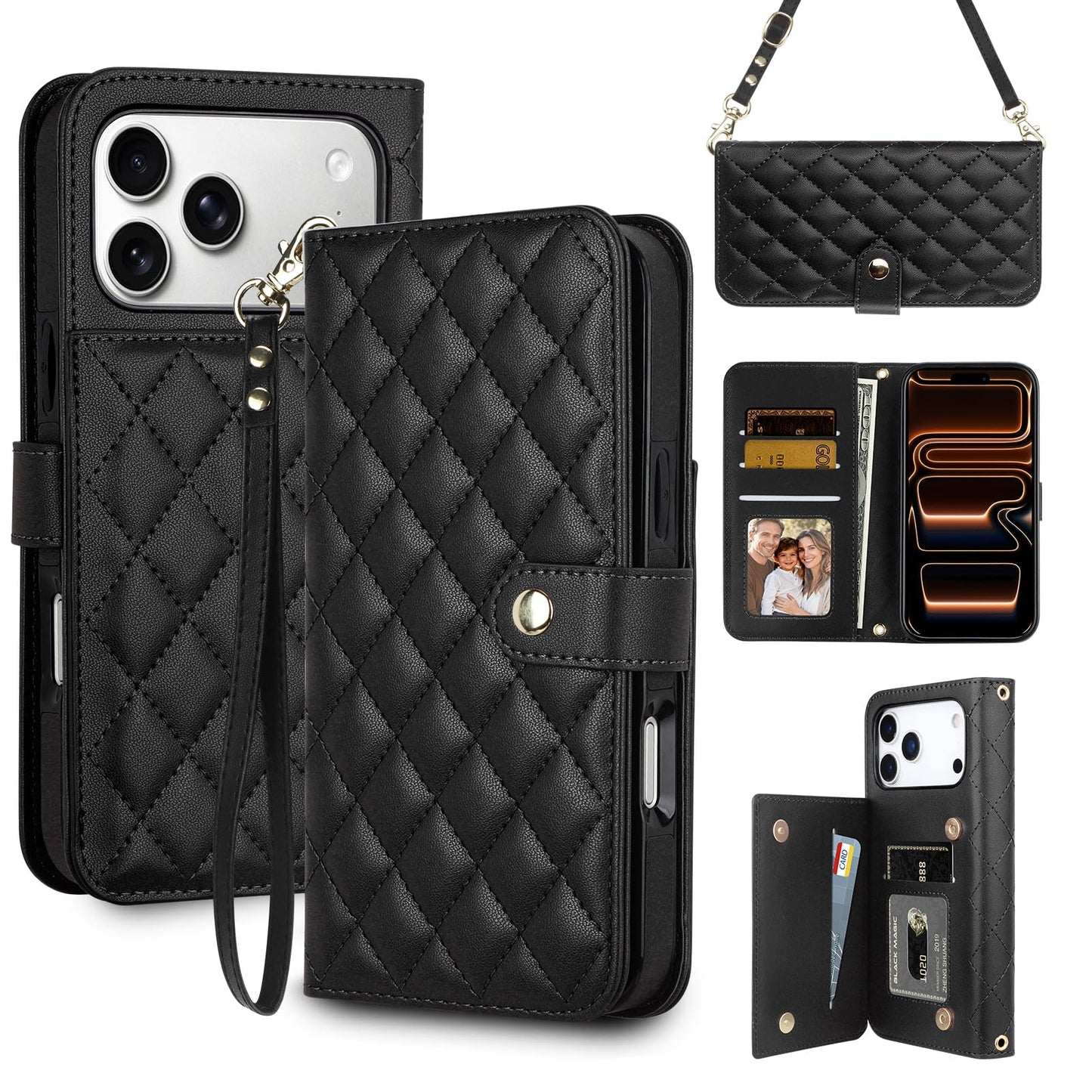 Vofolen for iPhone 17 Pro Max Case Wallet with Card Holder RFID Blocking Crossbody Adjustable Strap Leather with Magnetic Clasp Heavy Duty Protective for iPhone 17 Pro Max Phone Case for Women-Black