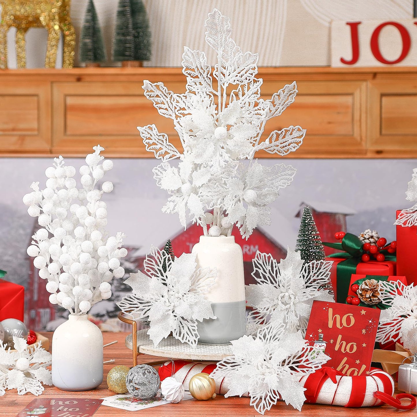 Alupssuc 24 PCS Christmas Tree Decorations, 12 PCS Poinsettia Flowers Artificial+6 PCS Glitter Holly Berry Stems+6 Berry Leaves Christmas Tree Picks for Party Wreath Fireplace, White