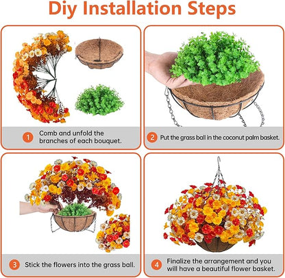 Artificial Fall Flowers with Hanging Baskets Outdoors, Faux mums for Outdoor planters, Fake Mums Petunia Artificial Hanging Plants UV Resistant for Autumn Porch Garden Home Yard Decor (Early Harvest)