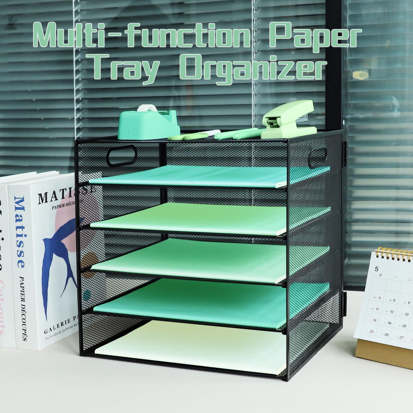 IOUGDSEC Paper Letter Tray with Handle, 5 Tier Metal Mesh Desk File Organizer, A4 Paper Desktop Filing Trays, Desk Tidy Magazine Document Holder for Home Office, Black