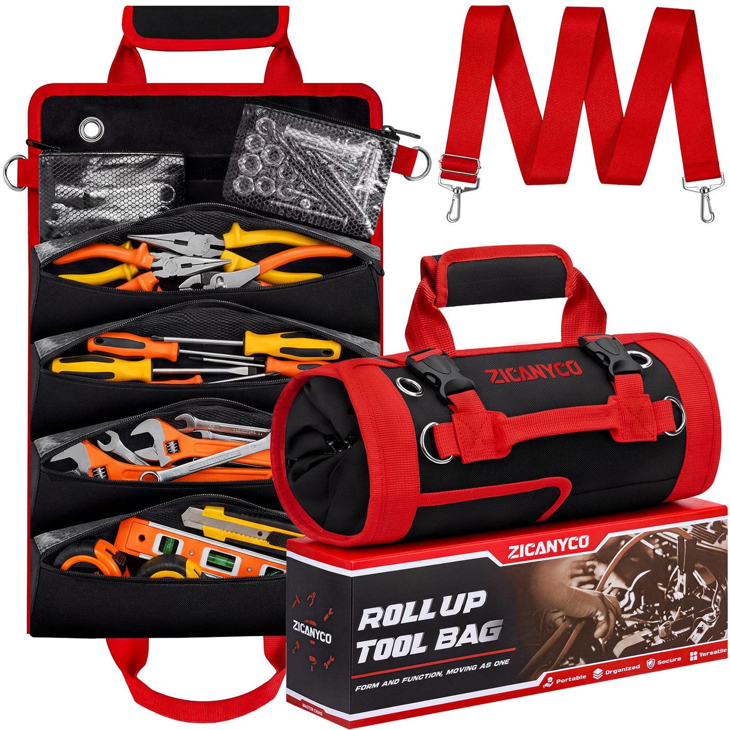 ZICANYCO Roll Up Tool Bag, Heavy Duty See-Through Tool Roll Organizer with 2 Detachable Pouches, Portable Mechanic & Motorcycle Tool Bag, Birthday & Father’s Day Gift, Red