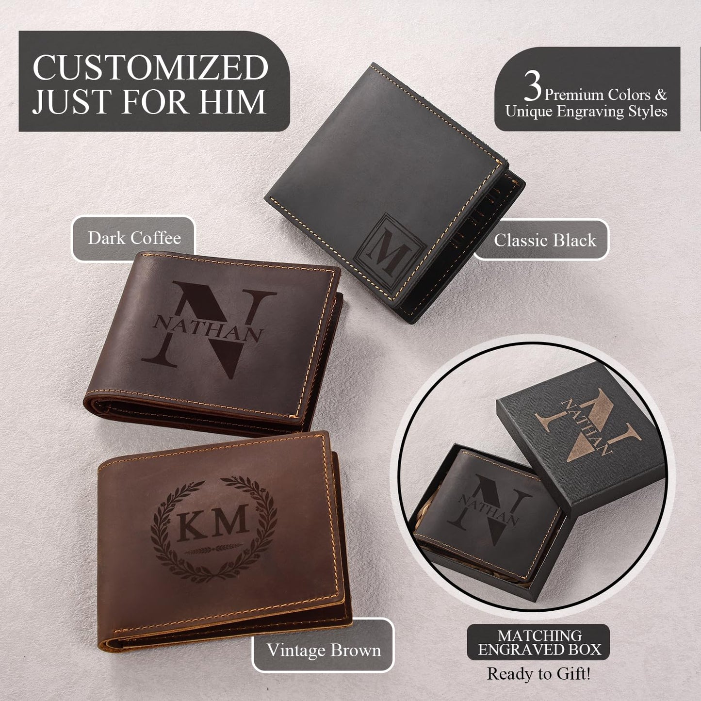 Alomce Personalized Wallet for Men, Custom Engraved Genuine Leather Wallets with Name Initials Pattern – Slim Bifold with 6 Card Slots, 2 Side Pockets & Cash Layer – Ideal Gift for Him Husband Dad