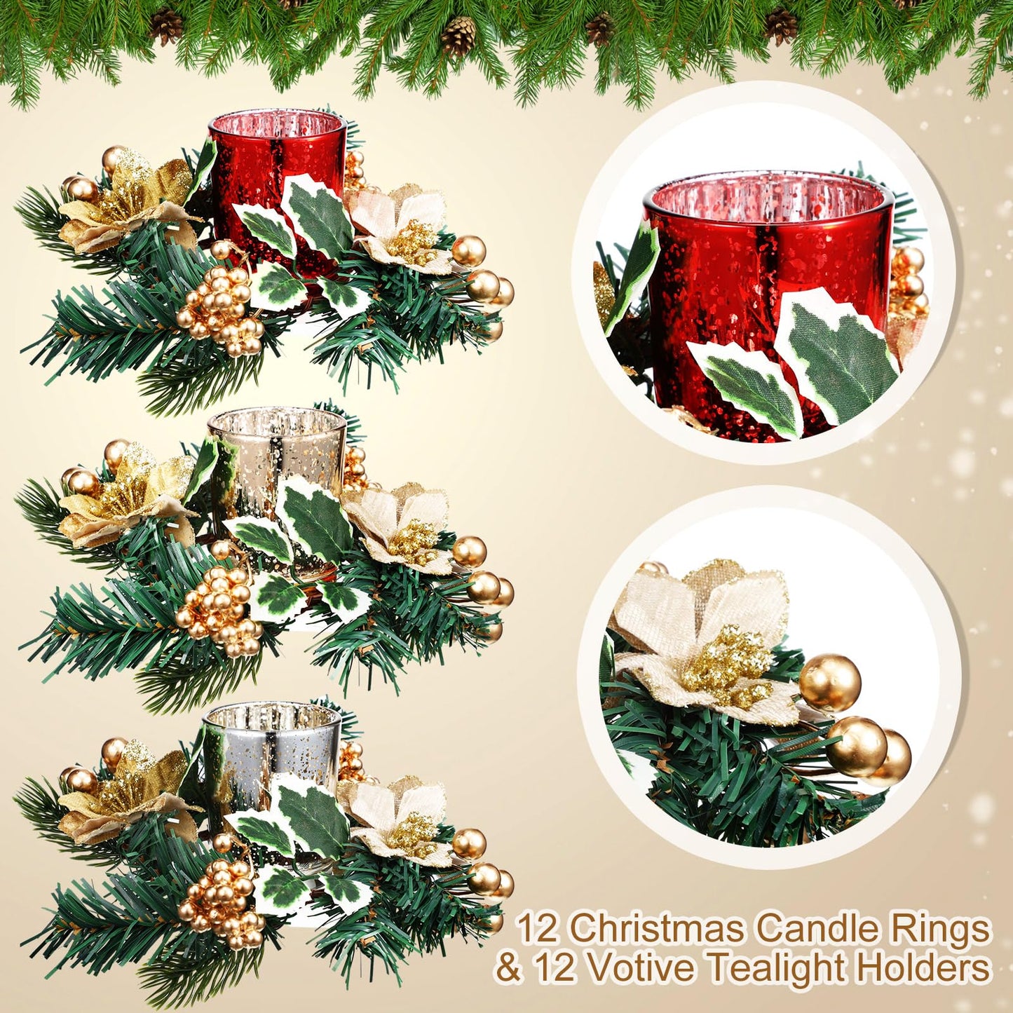 Ceenna Set of 16 Christmas Candle Ring Wreaths with Glass Votive Tealight Holders, Candle Rings and Gold Poinsettia Small Christmas Decor Table Centerpieces Party Ornament