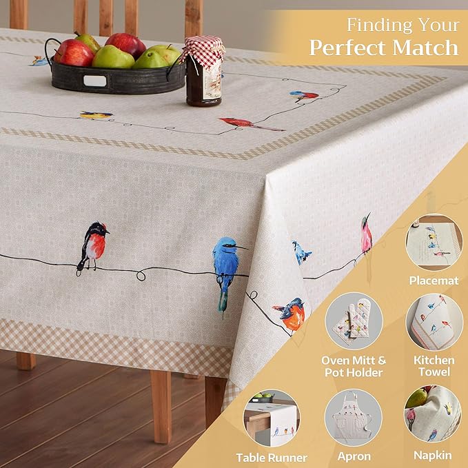 Maison d' Hermine Table Cloth Rectangle Table 100% Cotton 70 x 90 Inches Tablecloth Reusable Decorative for Dining Room, Farmhouse, Home, Party, Festive & Wedding Spring Summer - Birdies On Wire
