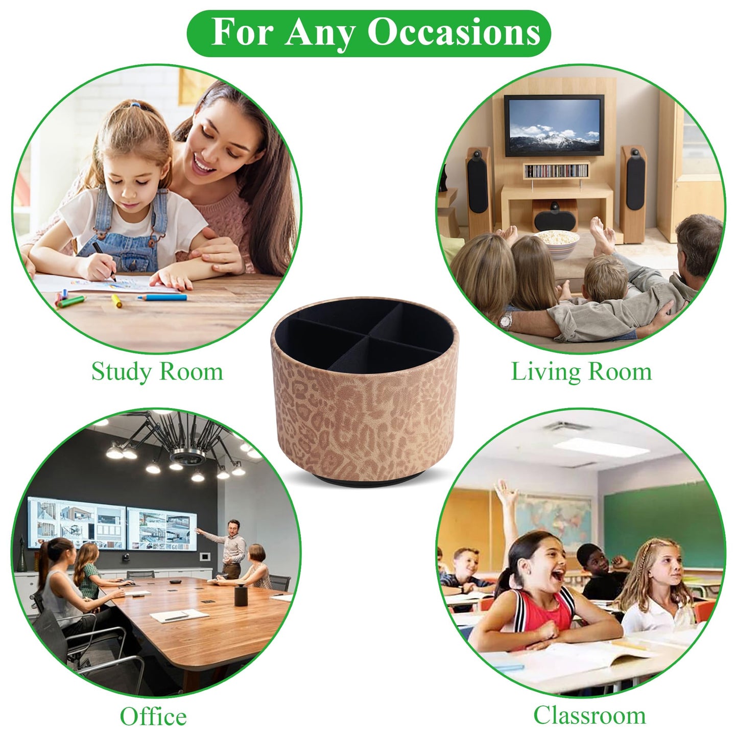 QIELIZI Round Leather Art Supply Organizer,Remote Control Holder,360 Degree Rotating,Multi-Functional Pencil Holder,4 Compartments Desktop Stationary Organizer(1-Leopard Brown)