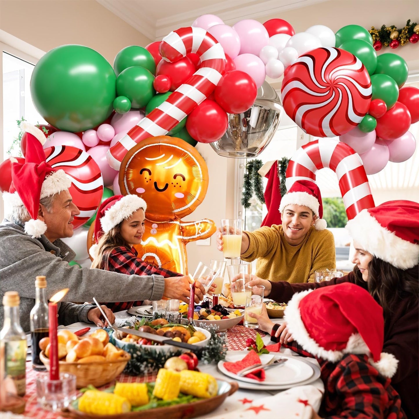 Christmas Balloon Arch Kit, Gingerbread Man Balloon Garland with Green Pink Red Balloons Candy Cane Foil balloons for Christmas Party Decorations New Year Xmas Party Supplies