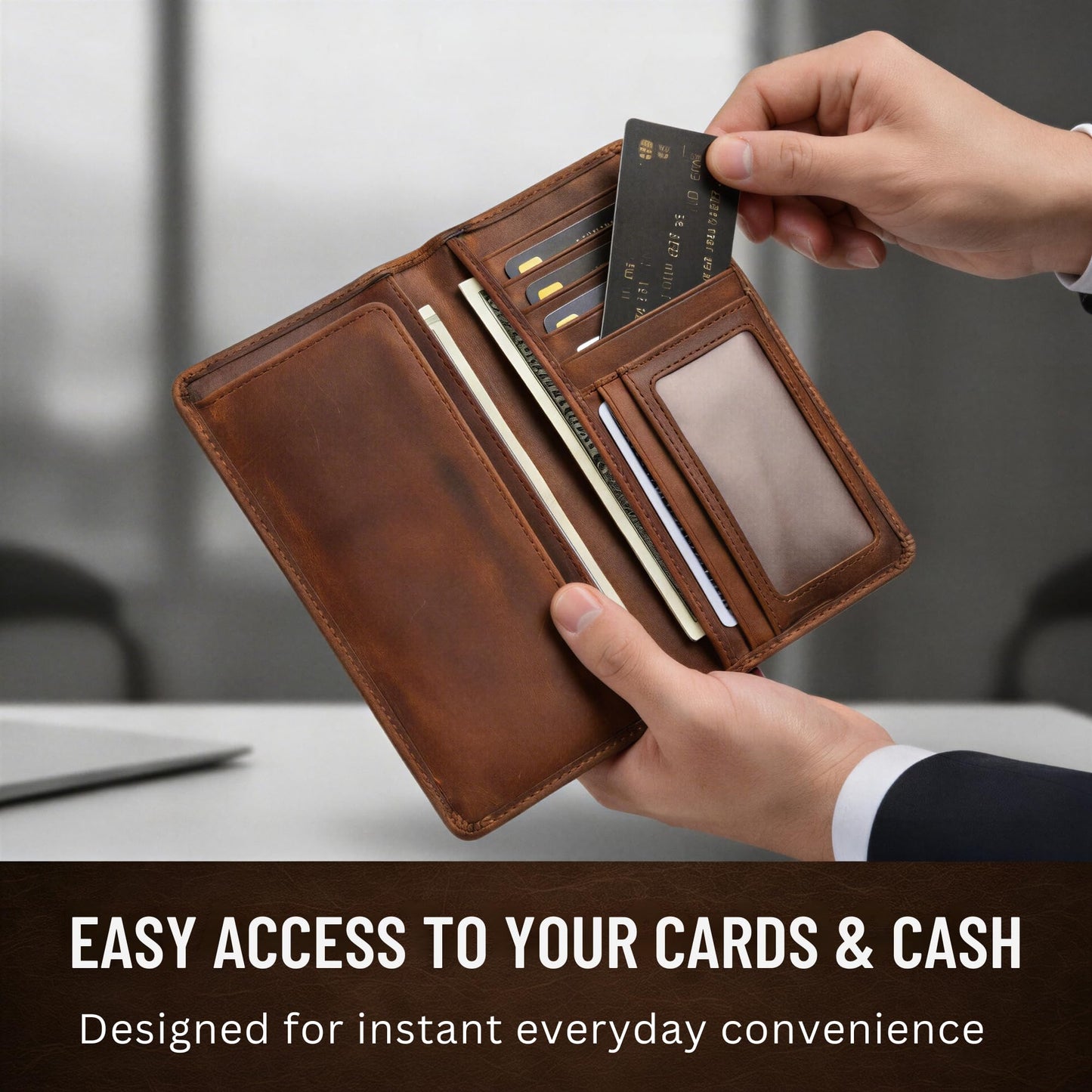 Jajmo Legacy Full Grain Leather Checkbook Cover, Long Bifold Wallet for Men - 11 Compartments